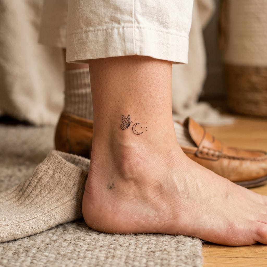 Tatuaje pequeño de mariposa y luna
